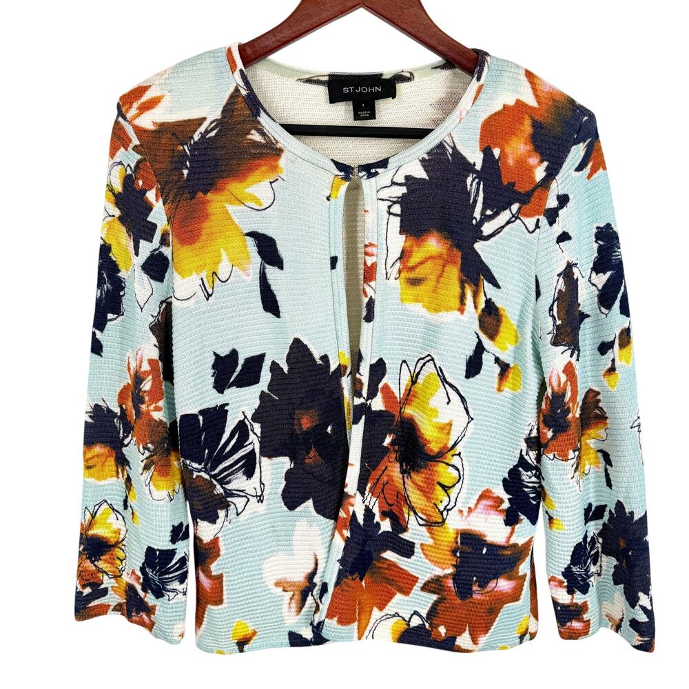 ST. JOHN Sz Small WOOL BLEND Blue Knit Wearable Art Jacket Sweater Shirt Top